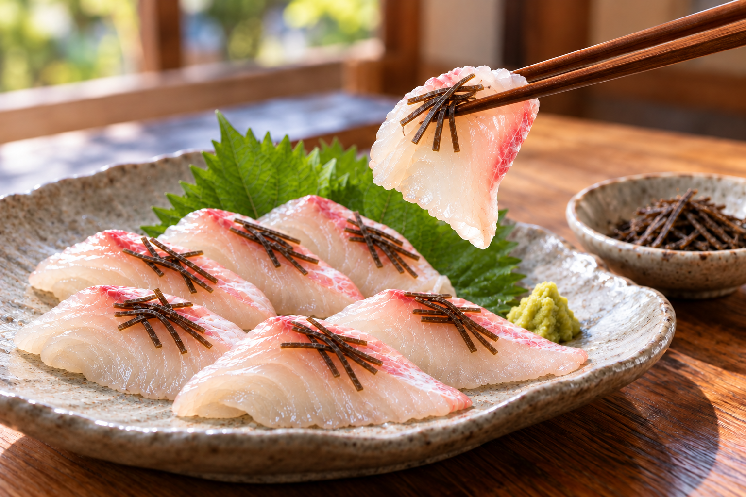 醤油の代わりに極細汐吹昆布をのせた鯛のお刺身