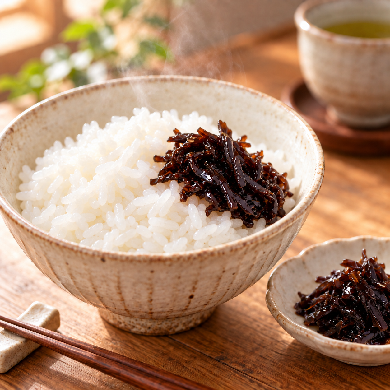 炊きたての白いご飯にわさびわかめを添えた盛り付けイメージ